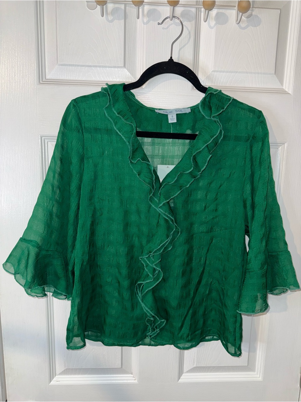 Blue Sol Women’s Kelly Green Sheer Ruffle Blouse Size Small Long Sleeve NWT